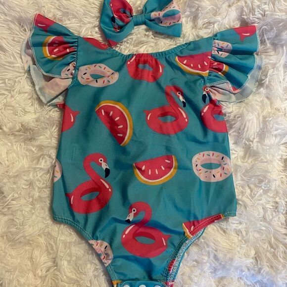 Flamingo & Donut Size 90 (2T) Toddler Swimsuit - Picture 1 of 4